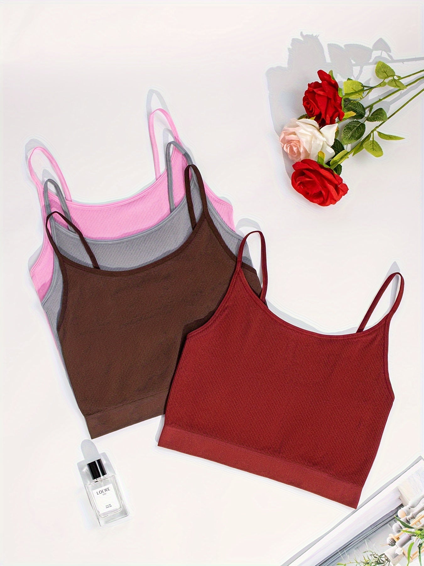 4-Pack Women's Polyamide Camisoles - Boho Style Knit Fabric Tank Tops with Strapless Design, Solid Color, Elastic No Padding Tanks for Ladies (90% Polyamide, 10% Elastane) - Elegant Collection