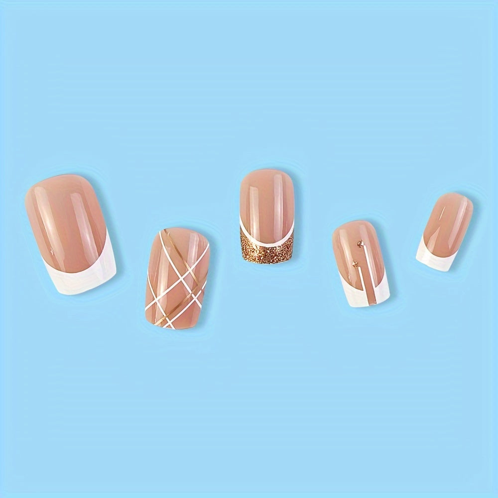 24pcs White French Tip Press On Nails, Square Fake Nails With White And Golden Line Design, Glossy Full Cover Golden Glitter False Nails Women And Girls