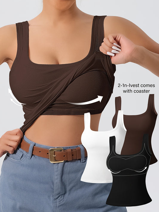 Women's 3pcs Ribbed U-Back Tank Tops With Removable Pads, Slim Fit, Solid Colors, Casual, Layering & Outerwear Camisoles