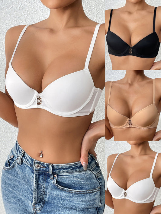 3pcs Hollow Out T-Shirt Bras, Comfy & Breathable Push Up Bra, Women's Lingerie & Underwear