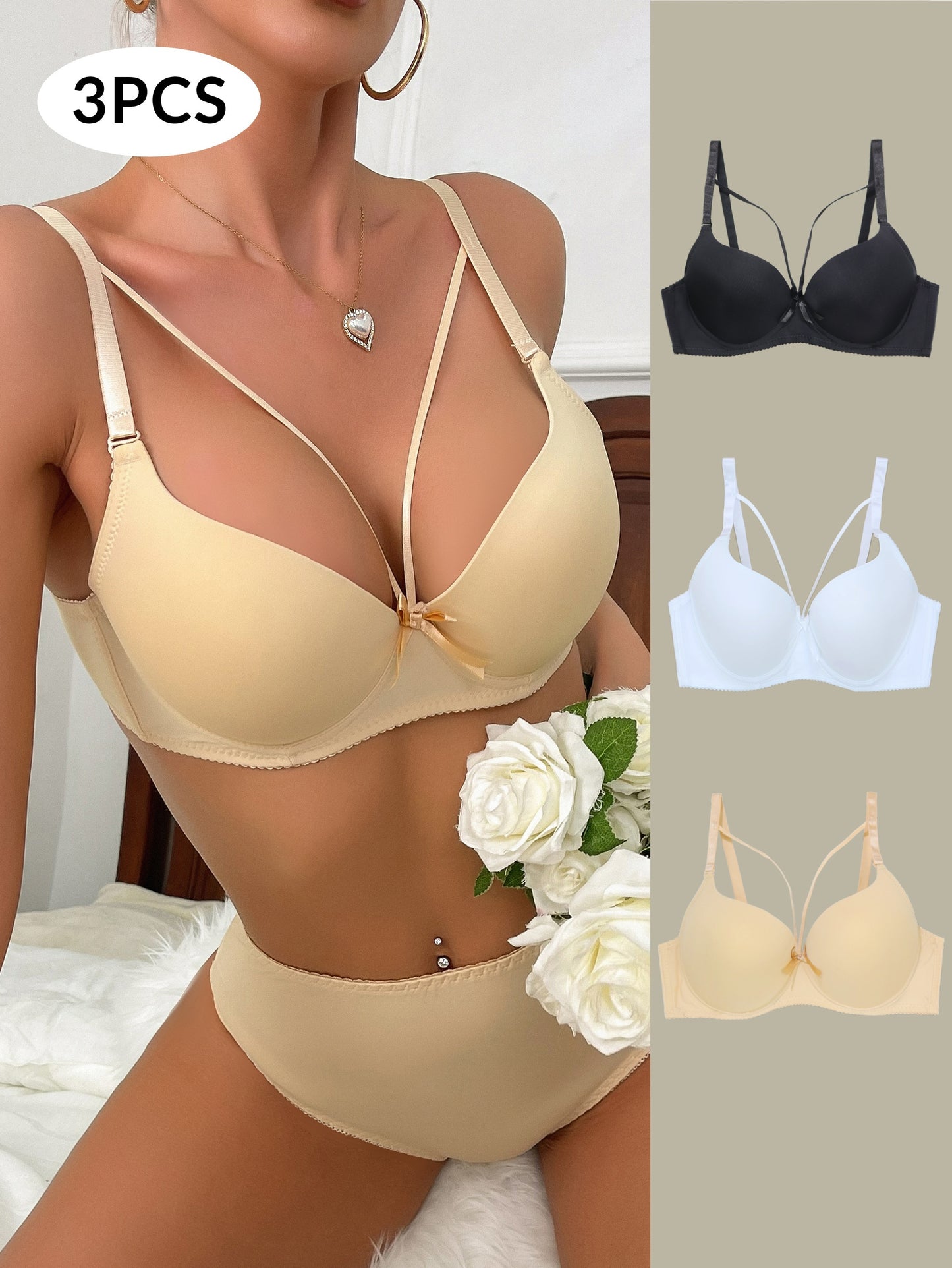 3pcs Simple Solid Seamless Bow Strappy Bra, Comfy & Breathable Underwire Push Up Bra, Women's Lingerie & Underwear