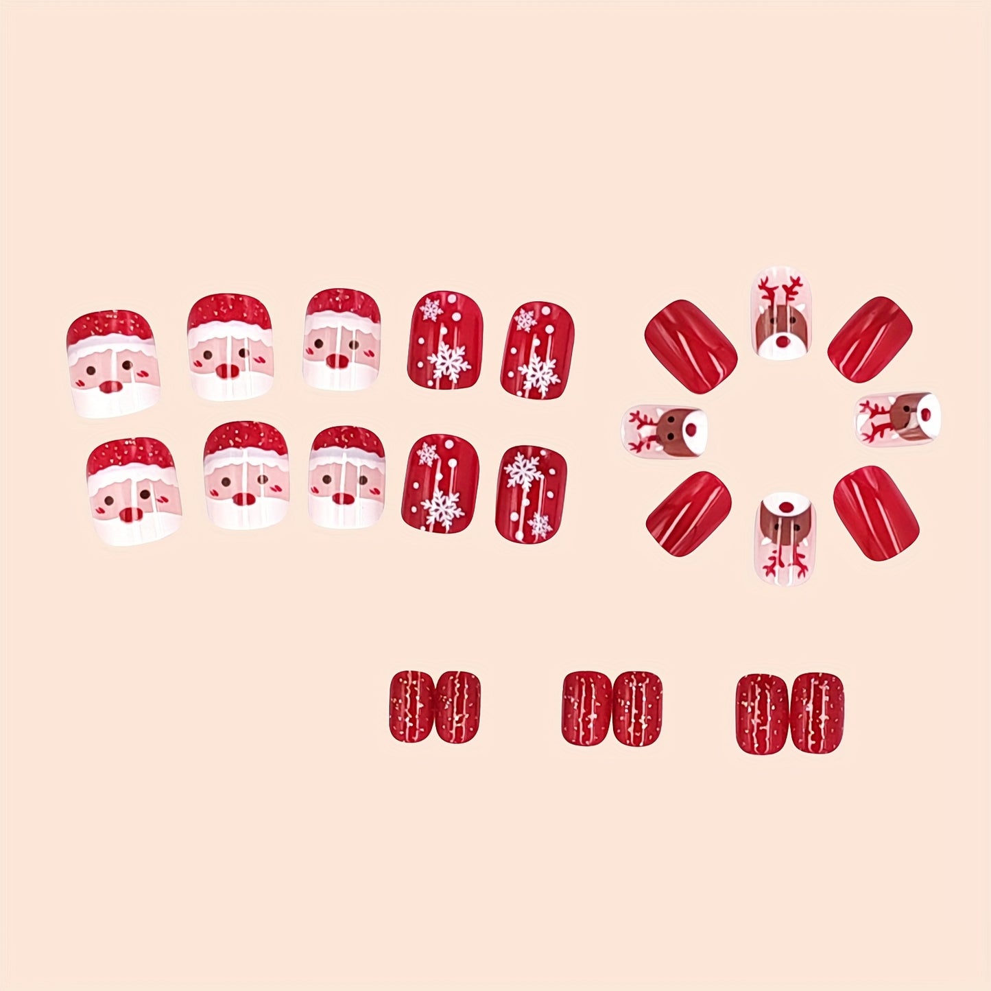 24Pcs Christmas Red Short Square Press on Nails - Nail Forms with Snowflake Designs, Cute Elk Patterns, Full Cover, False Nails, Stick on Nails for Women, Christmas Nail Art Decorations, Easy to Apply, Long-Lasting, and Durable