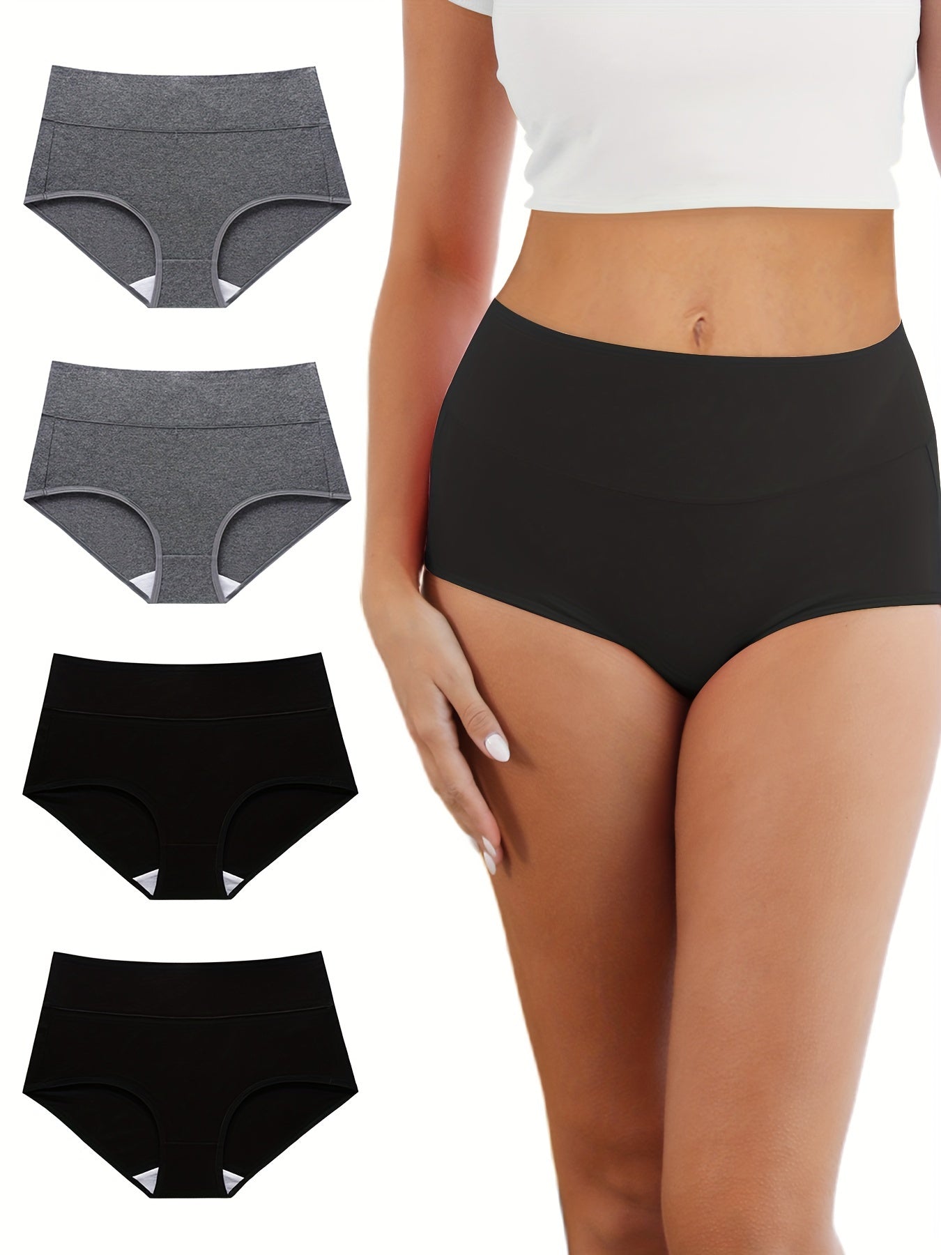 4pcs Women's Simple Panties Set, Plus Size Solid Elastic Waistband High Waist Breathable Underwear