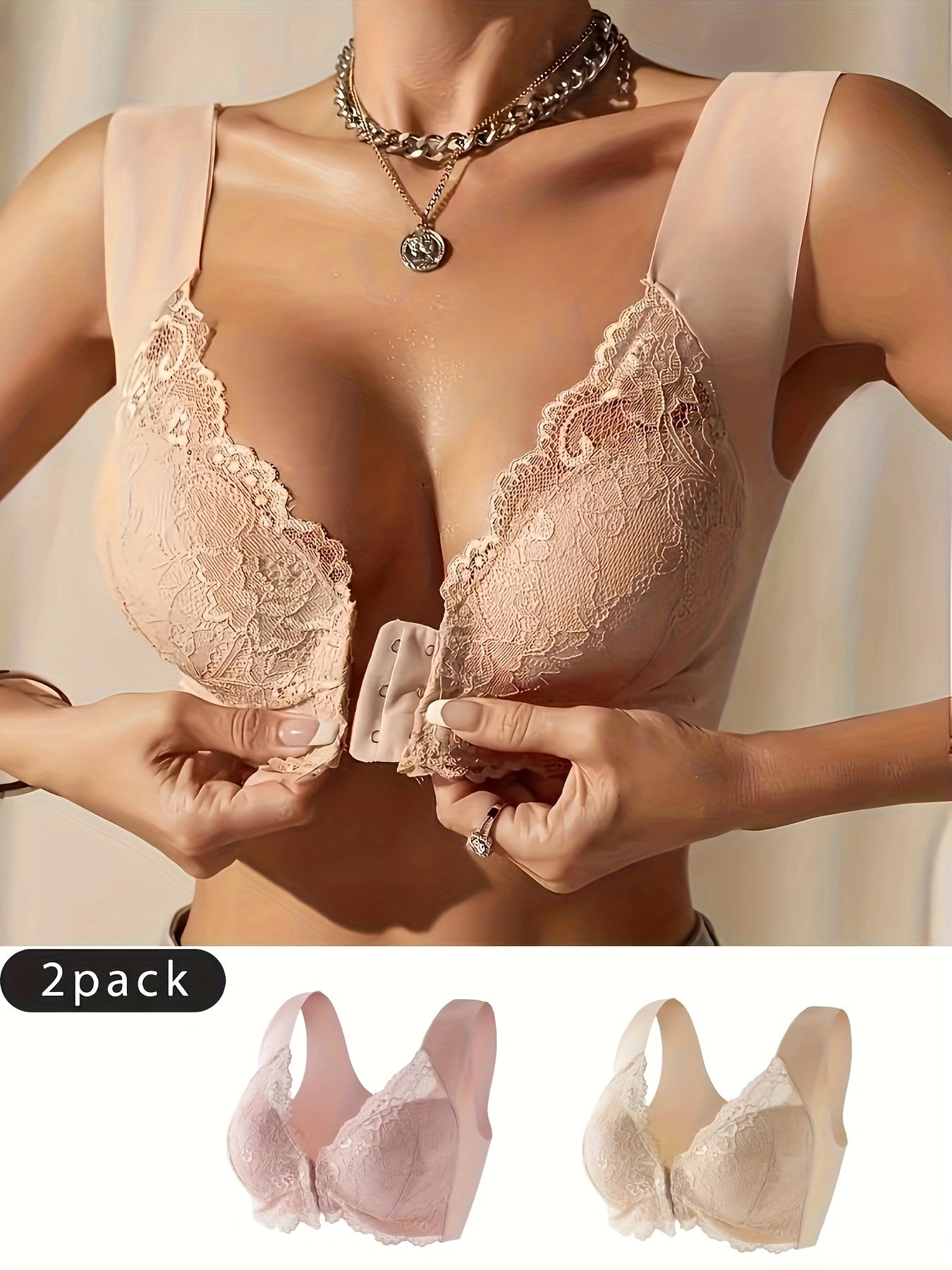 2-Pack Elegant Lace Deep V-Neck Wireless Bras - Women's Fashion Clothing - Front Closure, Comfortable, Breathable, Soft, Sexy Lingerie Set for Everyday Wear