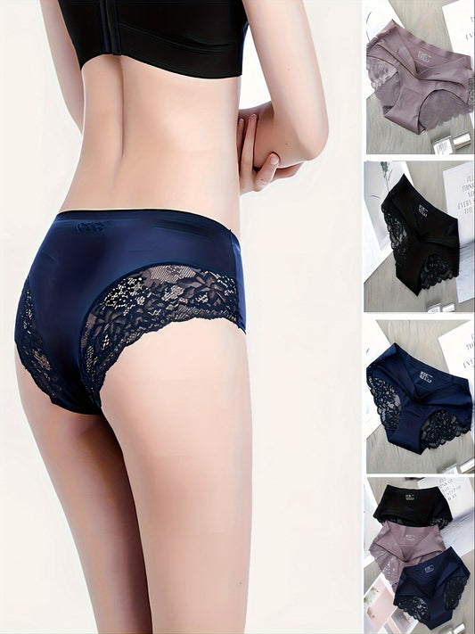 (3 Pack) Sexy European and American Pearlescent Fabric Lace Sexy Hip Lifting Underwear Ice Silk Mid Waist Traceless Ultra thin Large Size Breathable Girls' Triangle Underwear