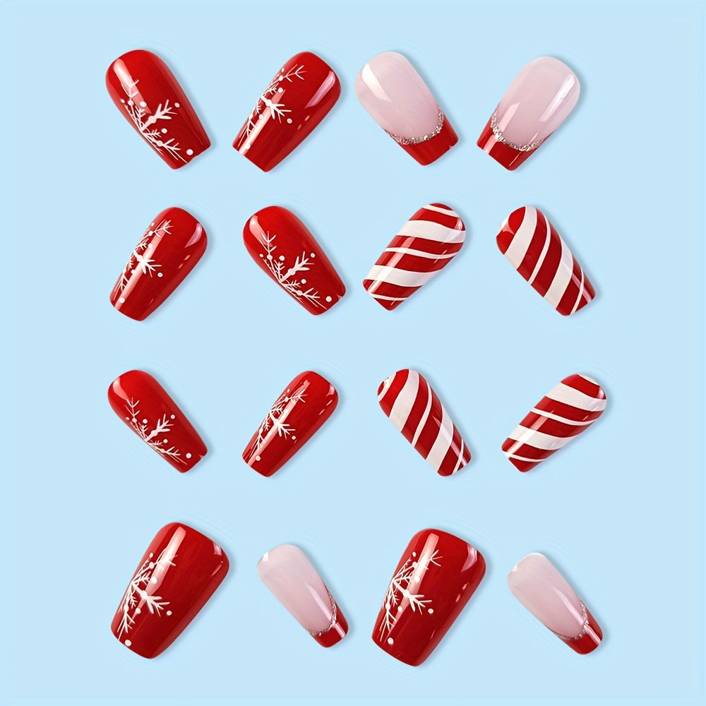 24pcs Christmas Nail Art Set, Pink & Red with Snowflake & Stripes, French Style Glitter, Short Coffin Press-On Nails, Ballet Shape, Full Cover False Nails for Women and Girls