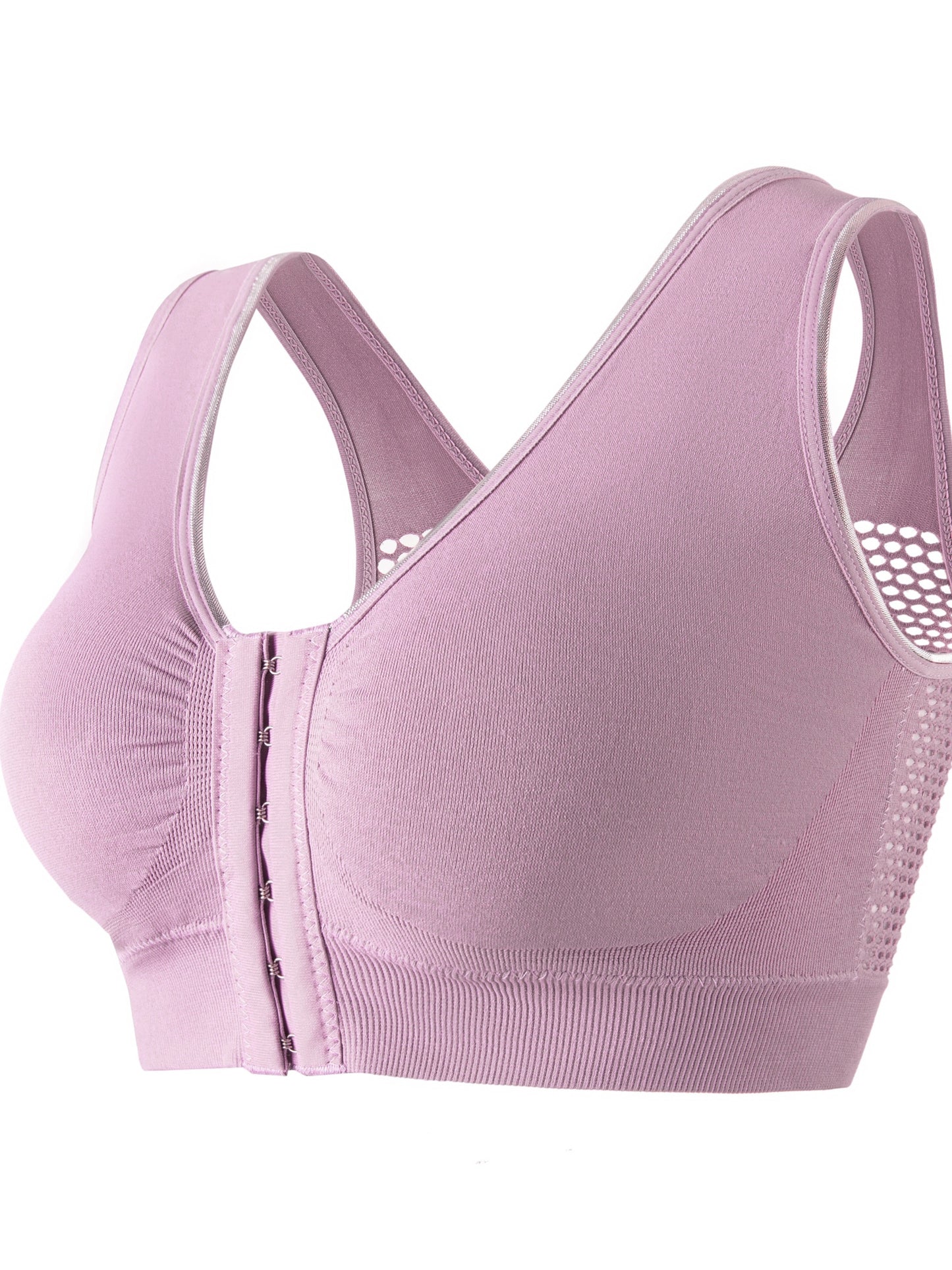 Women's Sports Bra, Plus Size Buckle Open Front Solid Breathable Mesh Wireless Thin Fitness Yoga Running Bra