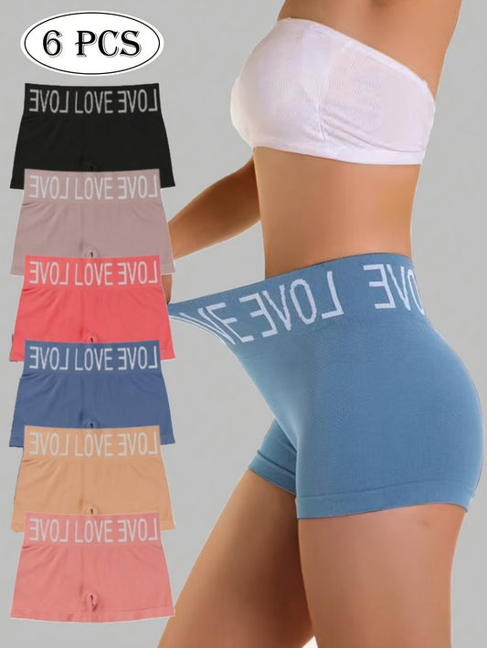 6 Pieces Seamless Letter Print Comfy Breathable Stretchy Boyshorts, Simple Women's Lingerie & Underwear Intimates