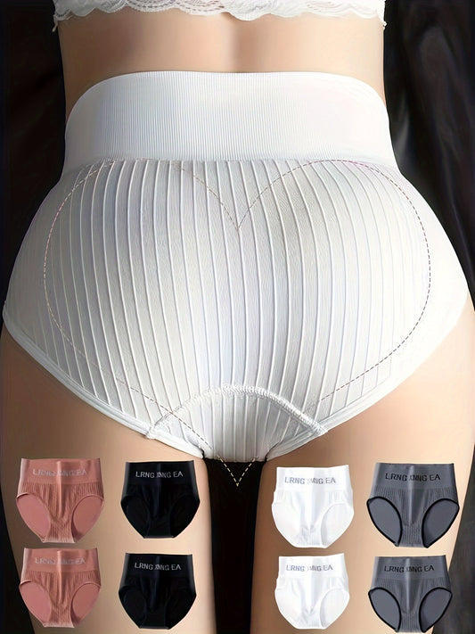 8 Pcs Sporty Panties, Rib Knit Letter Print High Waisted Tummy Control Absorbent Breathable Butt Lifting Intimates Panties, Women's Lingerie & Underwear