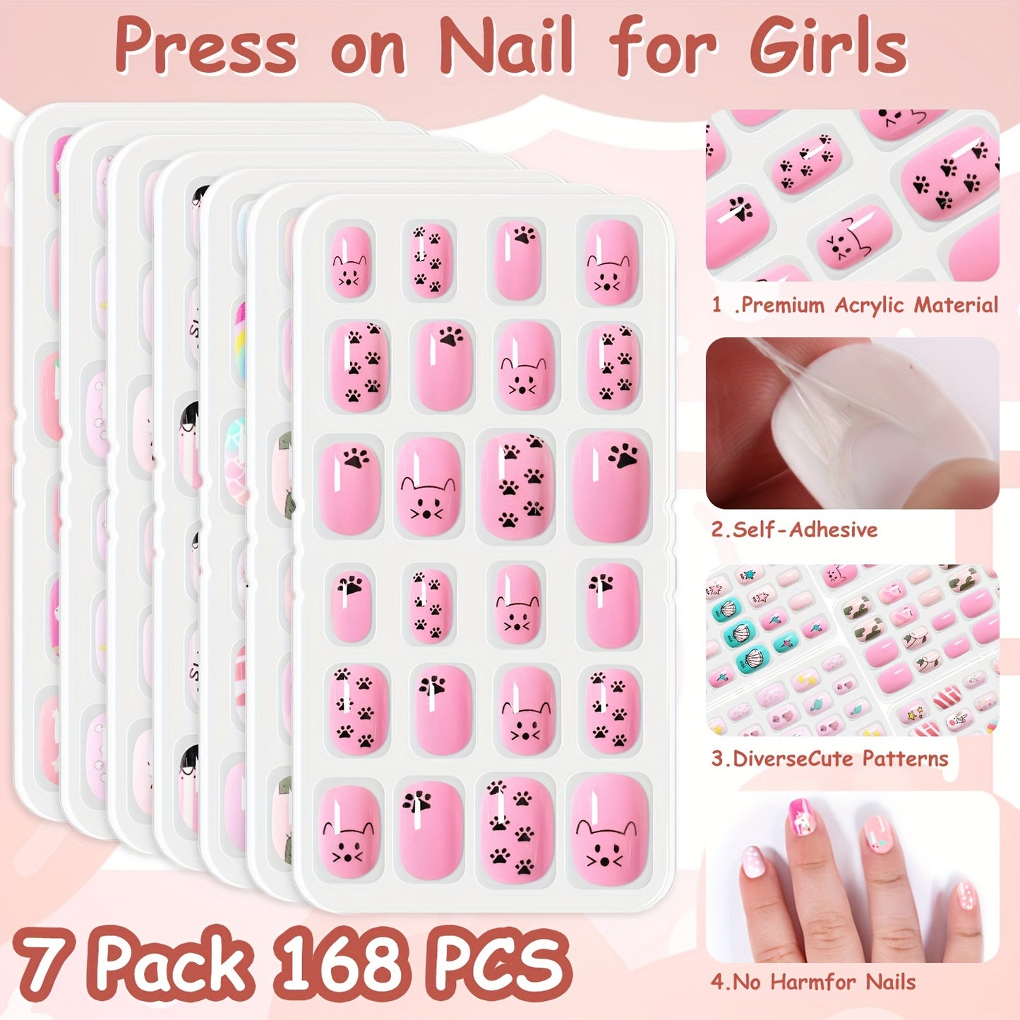 168-Piece, 7-Set Self-Adhesive Pre-Glued Kids Press-On Nails Kit - Diverse Cute Patterns, Premium Acrylic Material, Safe & Harm-Free, Easy to Apply, Long-Lasting, and Fun for Girls