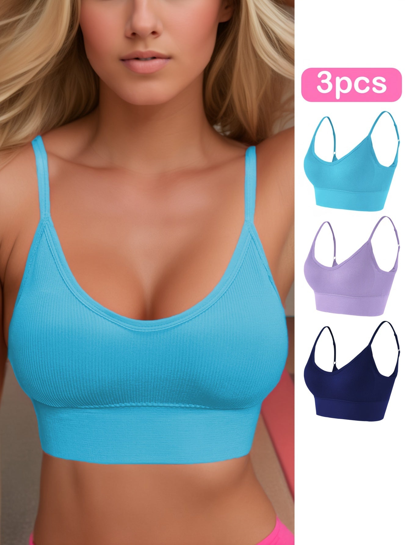 3pcs Solid Ribbed Sports Bra, Comfy & Breathable Fitness Workout Intimates Bra, Women's Lingerie & Underwear