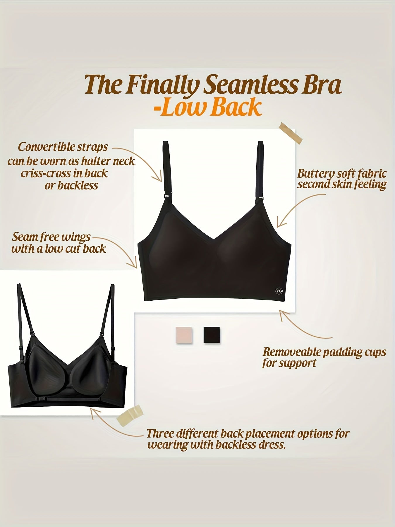 Women's Wireless Sports Bra With Flat Convertible Straps, Seamless Invisible Edge, And Ultra Low-Back Design, Adjustable Fit