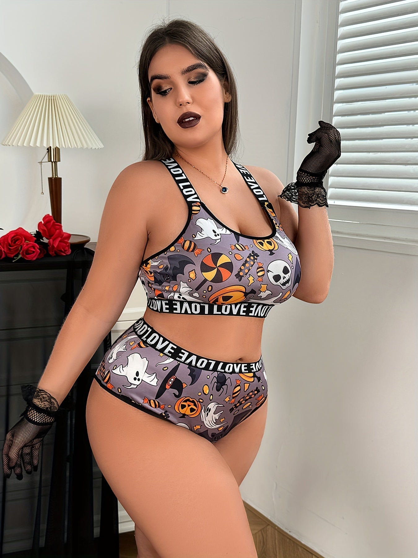 2-Piece Plus Size Women's Sports Lingerie Set - Halloween Print Letter Tape Racer Back Bra & Panty - Comfortable, Breathable, and Soft Plus Size Bra & Pant Sets for Curvy Women