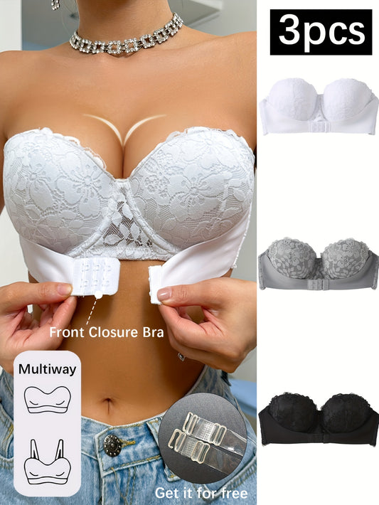 3pcs Sexy Lace Strapless Bandeau Bras for Women - Invisible Front Closure, Push-Up Support, Non-Removable Pads