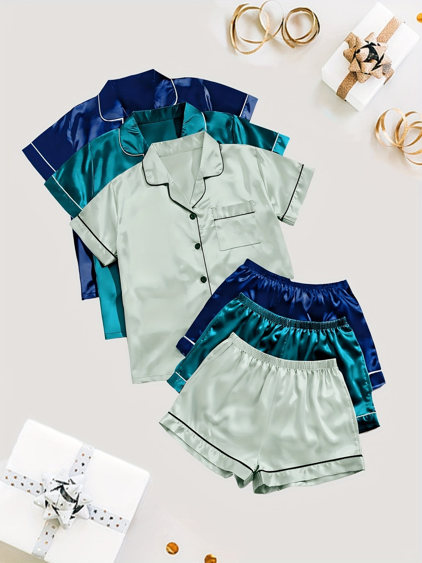 3 Sets Solid Satin Pajama Set, Casual Short Sleeve Buttons Lapel Top & Elastic Shorts, Women's Sleepwear