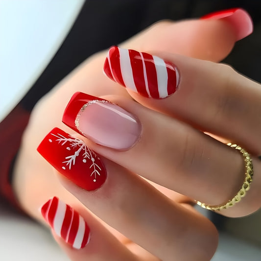 24pcs Glossy Short Ballet Fake Nails, Christmas Red Press On Nails With White Snowflake Stripe Design, French False Nails For Women Girls