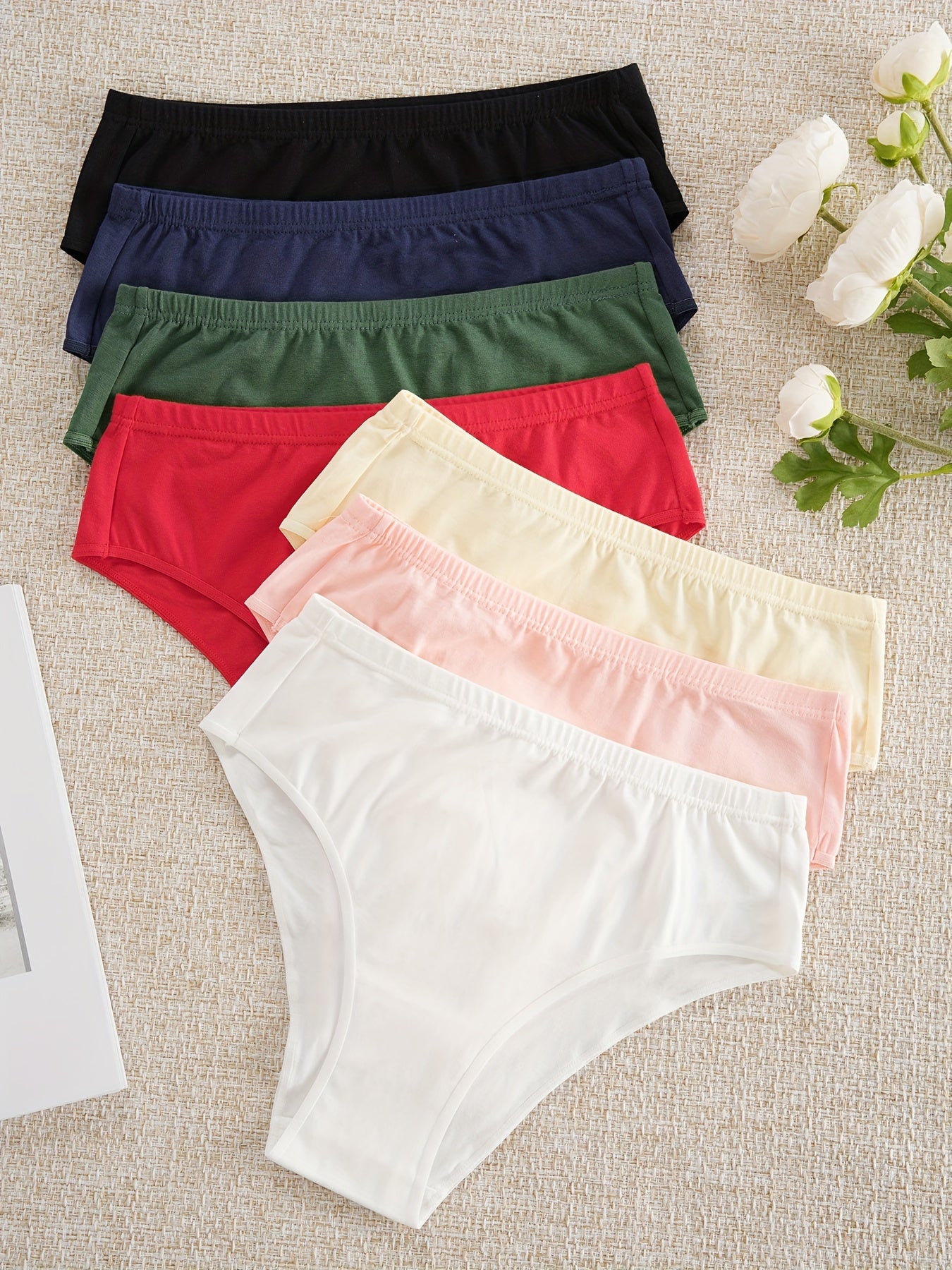 7pcs Simple Solid Briefs, Soft & Comfy Stretchy Intimates Panties, Women's Lingerie & Underwear