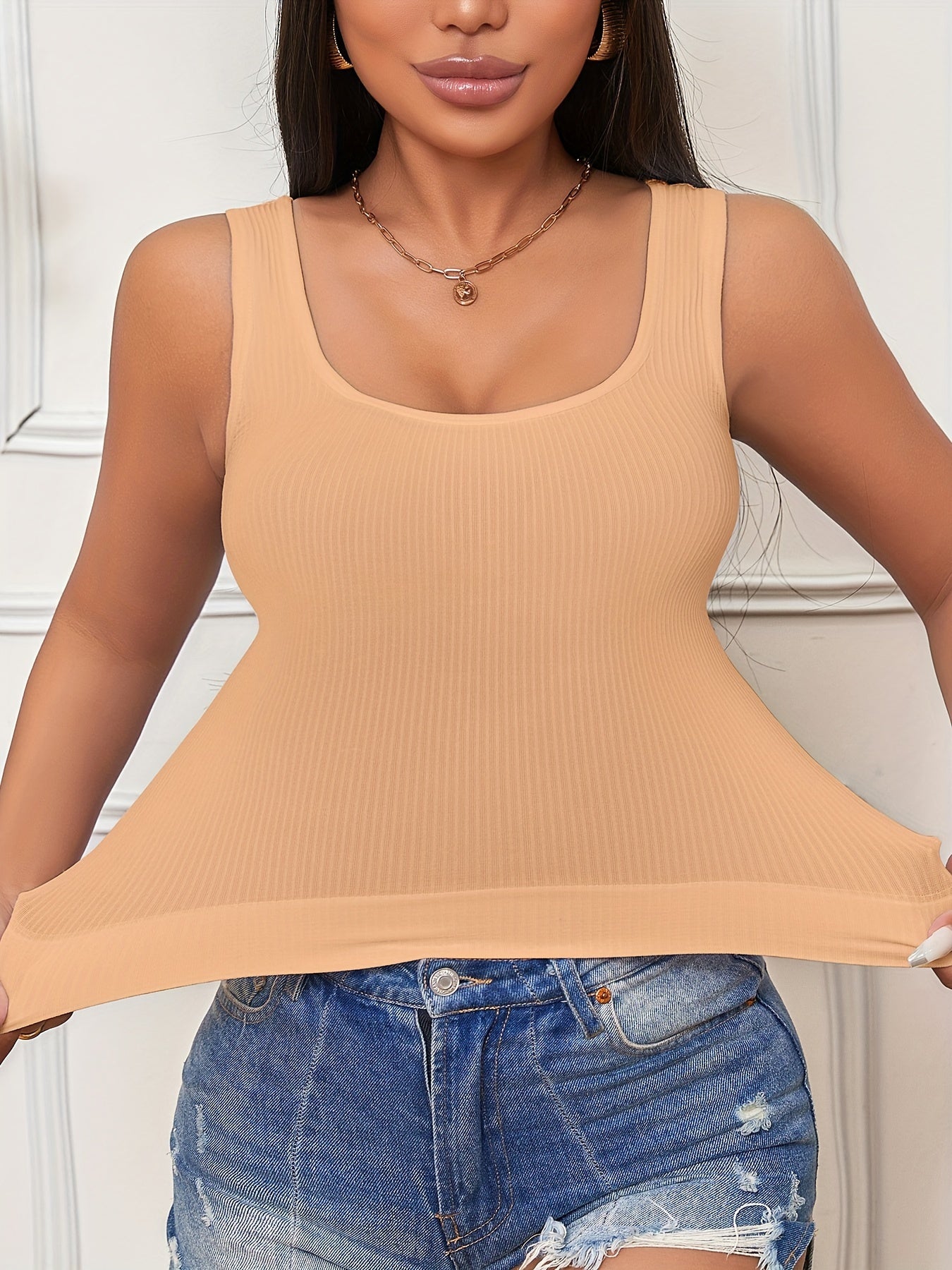 4pcs Solid Tank Tops, Simple Scoop Neck Sleeveless Ribbed Knit Casual Tank Crop Top, Women's Lingerie & Underwear