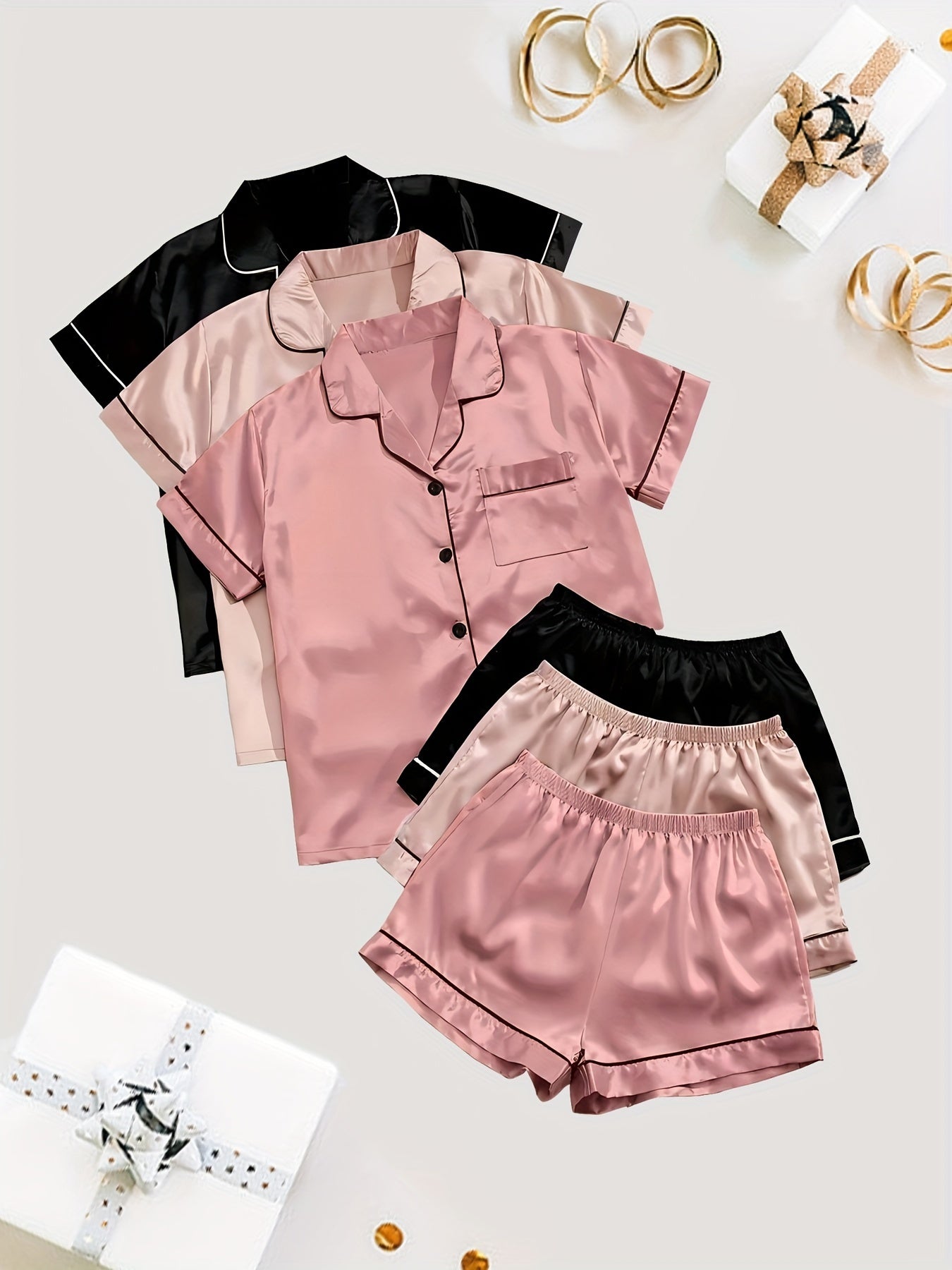 3 Sets Solid Satin Pajama Set, Casual Short Sleeve Buttons Lapel Top & Elastic Shorts, Women's Sleepwear