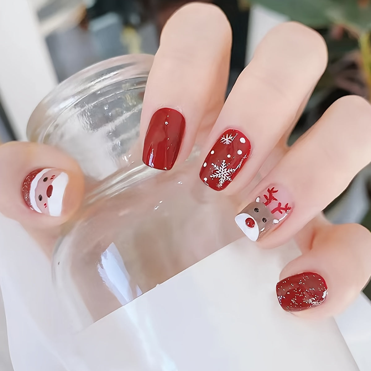 24Pcs Christmas Red Short Square Press on Nails - Nail Forms with Snowflake Designs, Cute Elk Patterns, Full Cover, False Nails, Stick on Nails for Women, Christmas Nail Art Decorations, Easy to Apply, Long-Lasting, and Durable