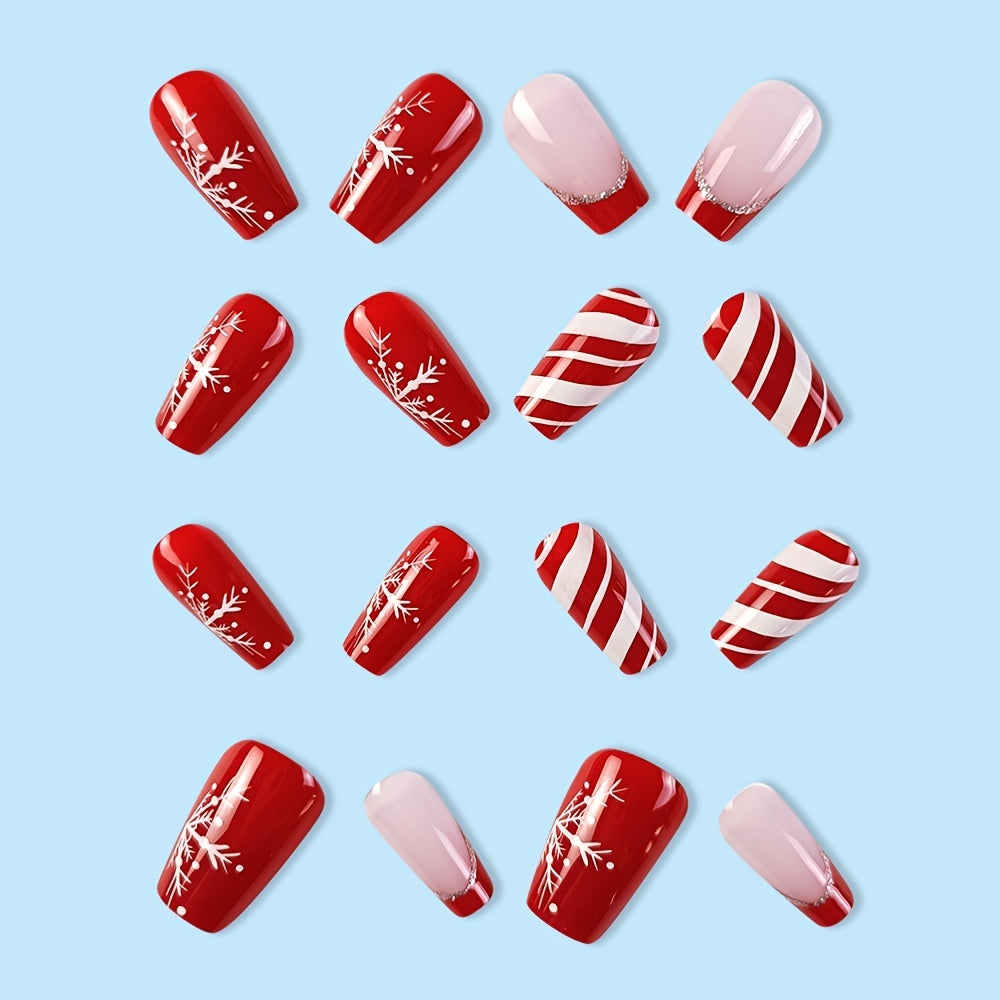 24pcs Glossy Short Ballet Fake Nails, Christmas Red Press On Nails With White Snowflake Stripe Design, French False Nails For Women Girls