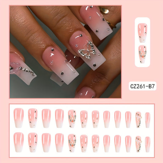 24 Pcs Glossy Medium Long Coffin Press On Nails - Pinkish Gradient False Nails With Butterfly Rhinestone Decor - Reusable Fake Nails For Women