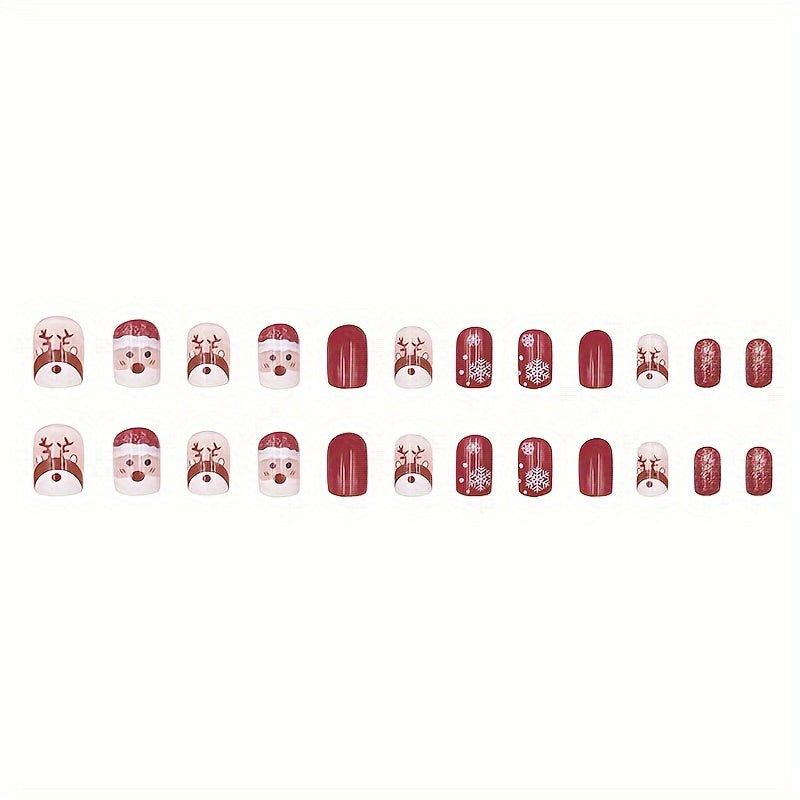 24-Piece Christmas Nail Art Set - Red Toned Short Oval Nail Tips with Glossy Finish Featuring Cute Santa, Reindeer & Snowflake Designs