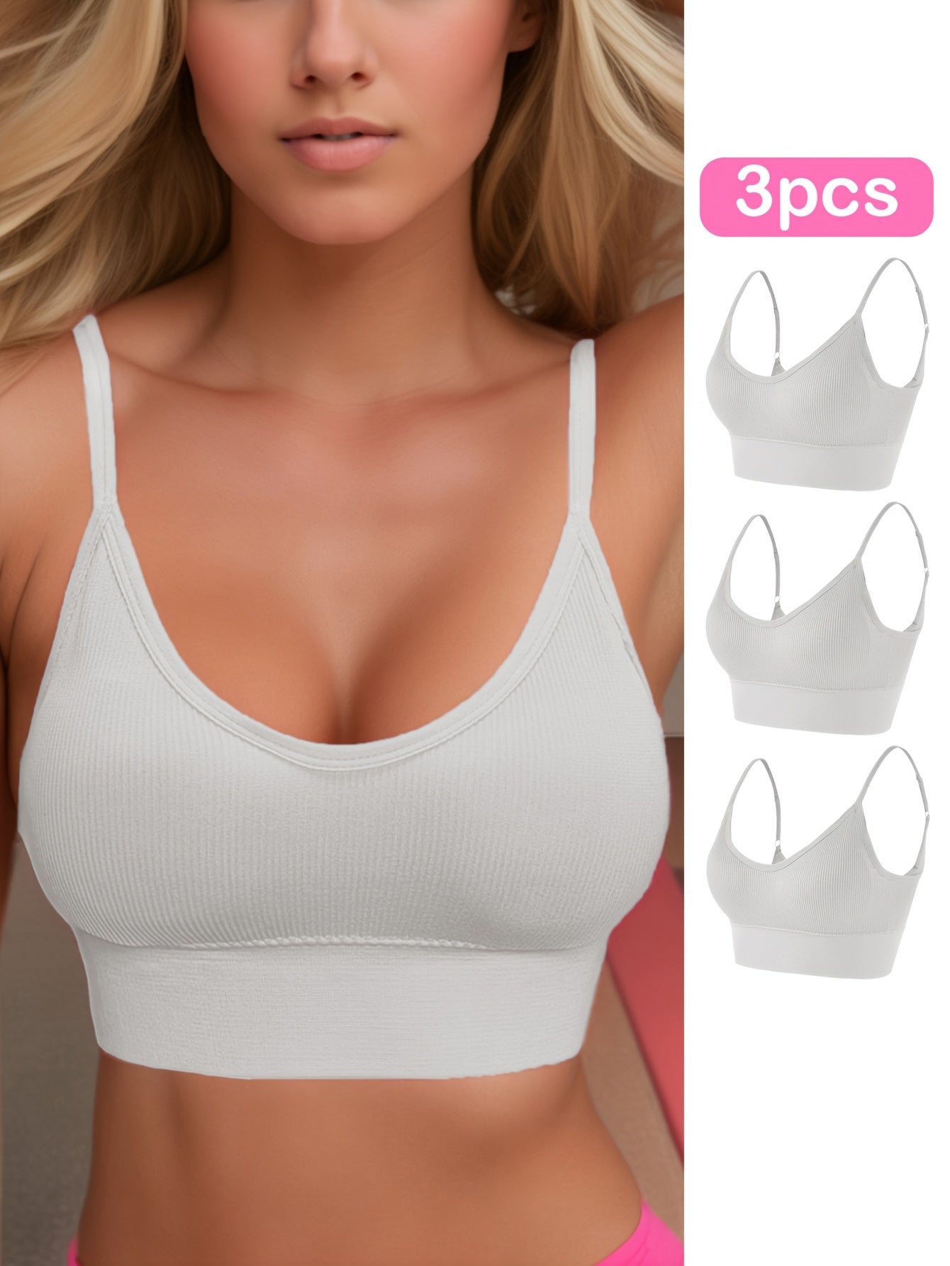 3pcs Solid Ribbed Sports Bra, Comfy & Breathable Fitness Workout Intimates Bra, Women's Lingerie & Underwear