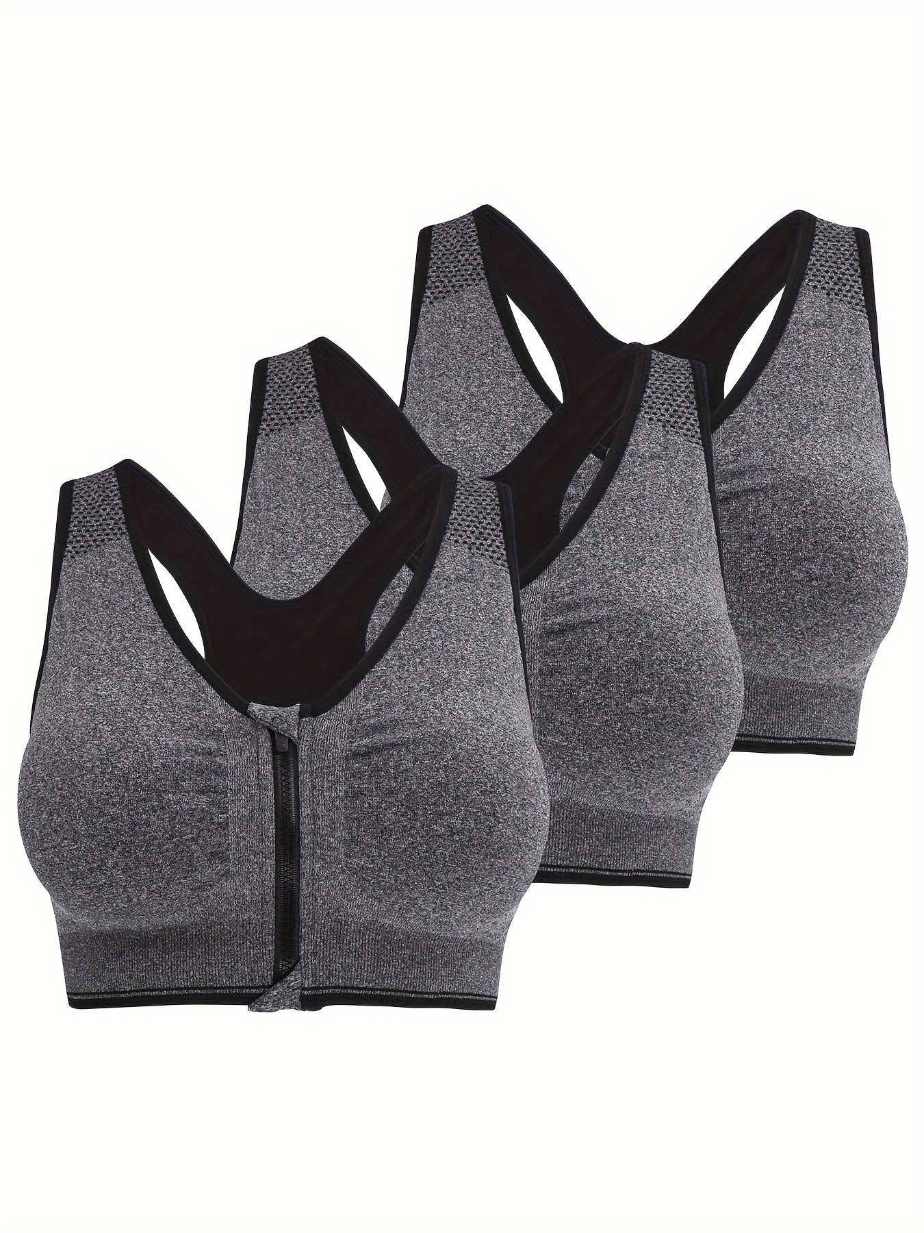 3pcs Plus Size Women's Zip Front Yoga Sports Bra, Seamless Wirefree Post Surgery Padded Racerback Workout Gym Yoga Bra, Women's Activewear