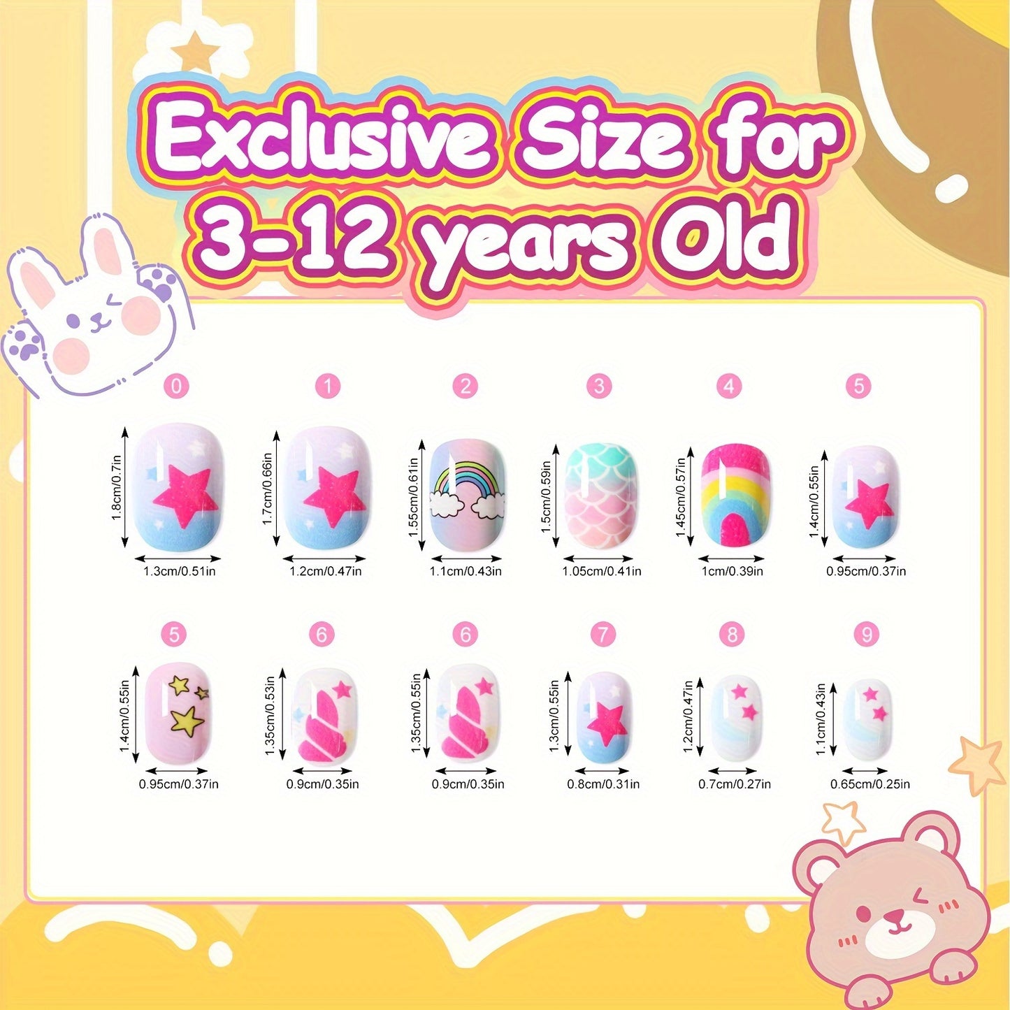 168-Piece, 7-Set Self-Adhesive Pre-Glued Kids Press-On Nails Kit - Diverse Cute Patterns, Premium Acrylic Material, Safe & Harm-Free, Easy to Apply, Long-Lasting, and Fun for Girls