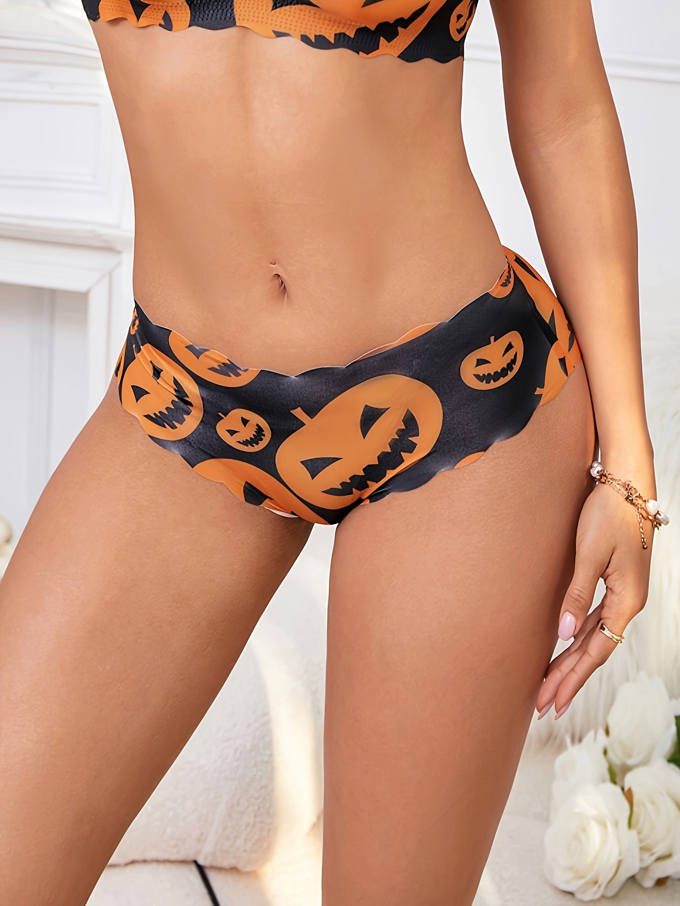 4pcs Comfy Skull & Pumpkin Print Briefs - Women's Bikinis with Stretchy, Breathable, and Soft Intimates Panties for Comfortable Lingerie & Underwear Experience