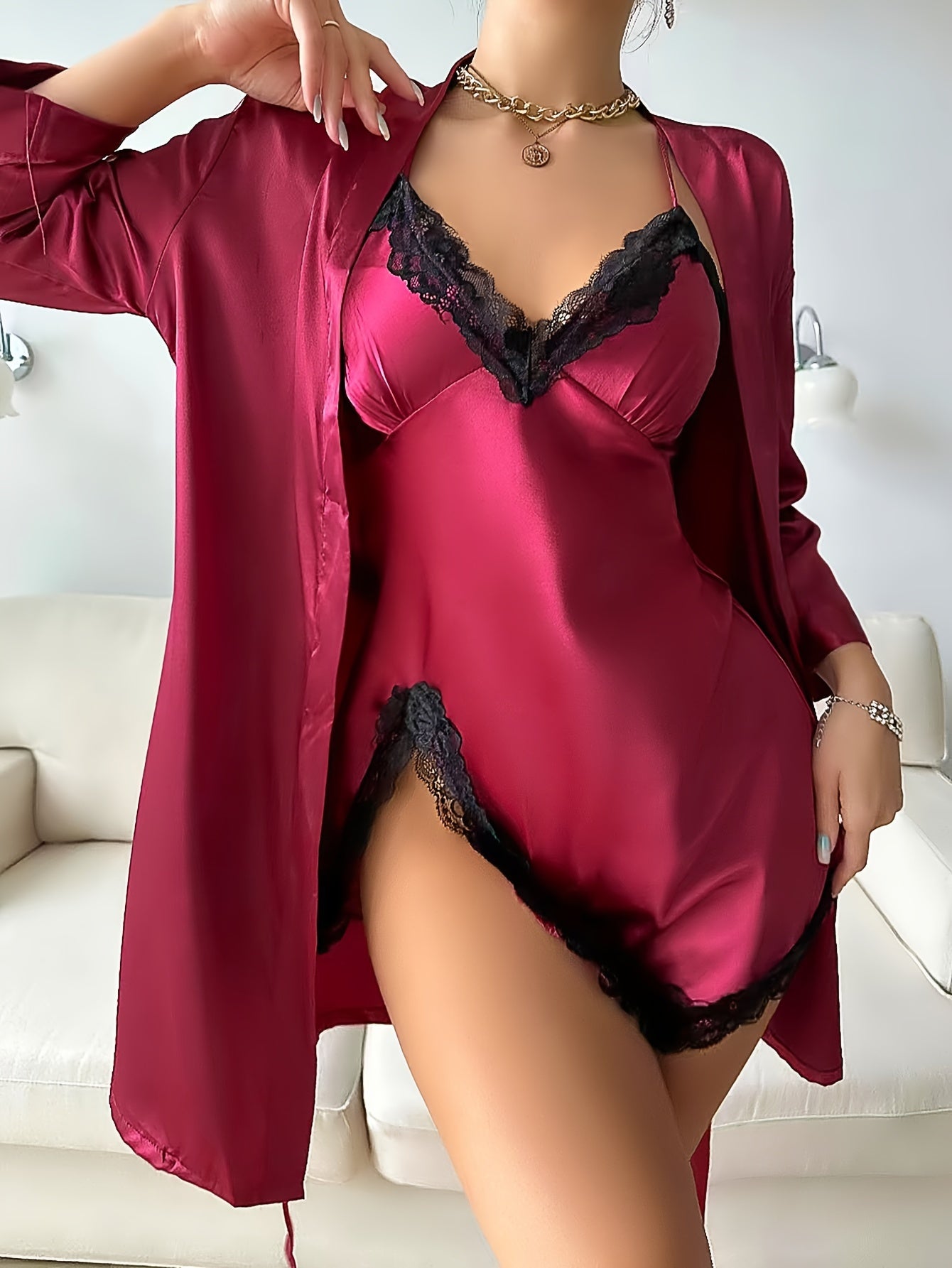 Solid Satin Pajama Set, Long Sleeve Robe With Belt & Contrast Lace V Neck Slip Dress, Women's Sleepwear & Loungewear