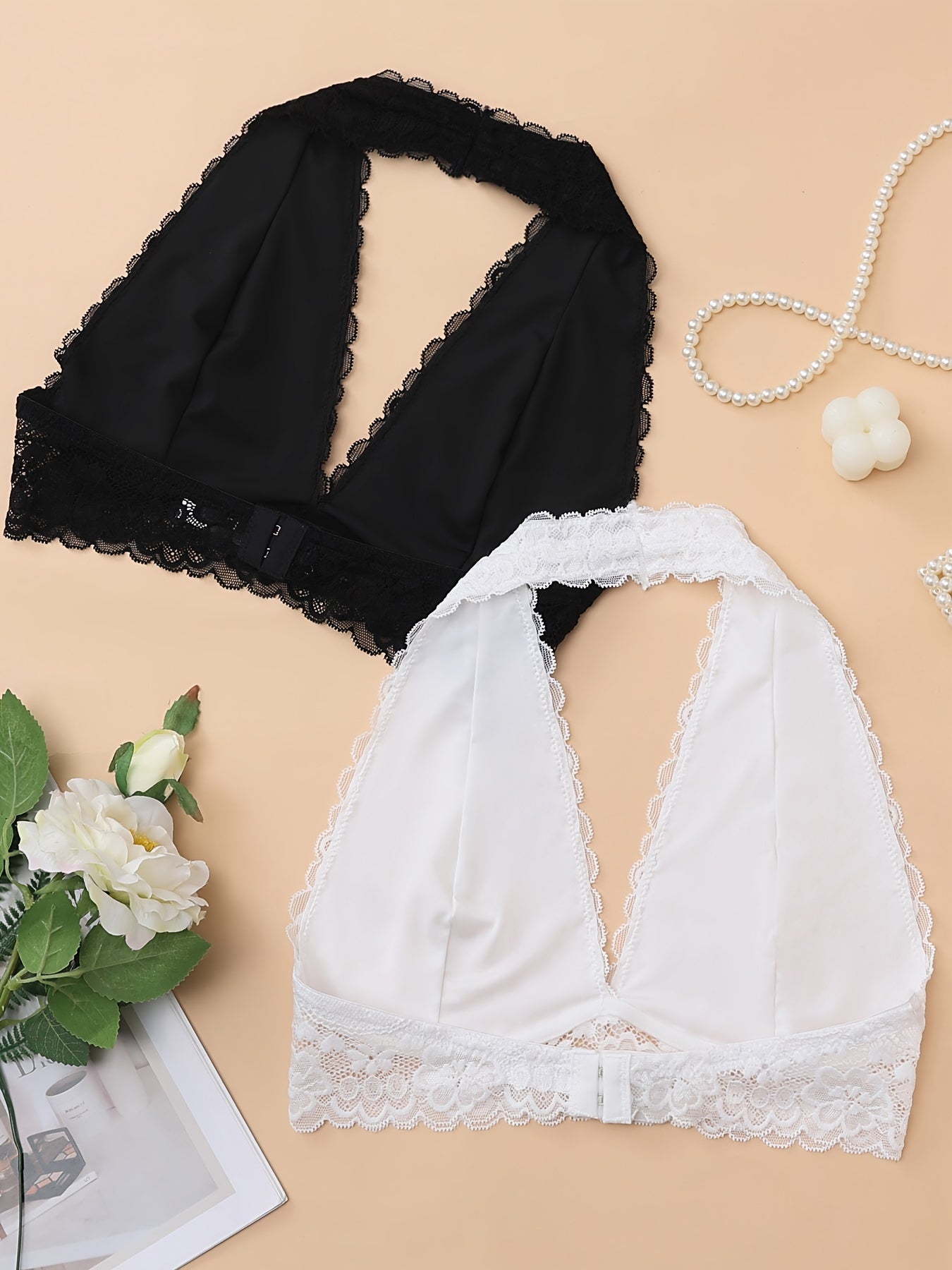 2pcs Solid Lace Halter Bra, Comfy & Breathable Bra, Women's Lingerie & Underwear