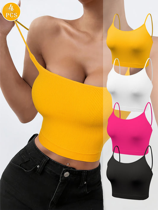 4-Pack Women's Polyamide Camisoles - Boho Style Knit Fabric Tank Tops with Strapless Design, Solid Color, Elastic No Padding Tanks for Ladies (90% Polyamide, 10% Elastane) - Elegant Collection