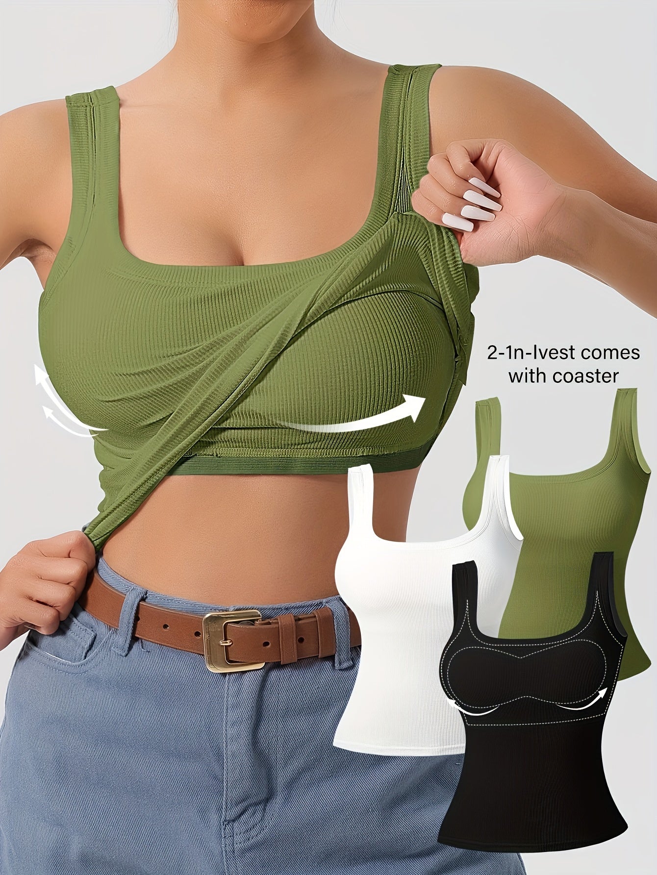 3Pcs U-Back Tank Tops Vest Set - Comfortable Removable Pads, Slim Fit, Solid Color, Versatile Inner & Outerwear for Women, Casual Camisole Style with Multi-Occasion Wear Options