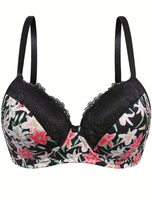 Plus Size Sexy Bra, Women's Plus Floral Print Contrast Lace Trim Underwire Molded Cup Bra