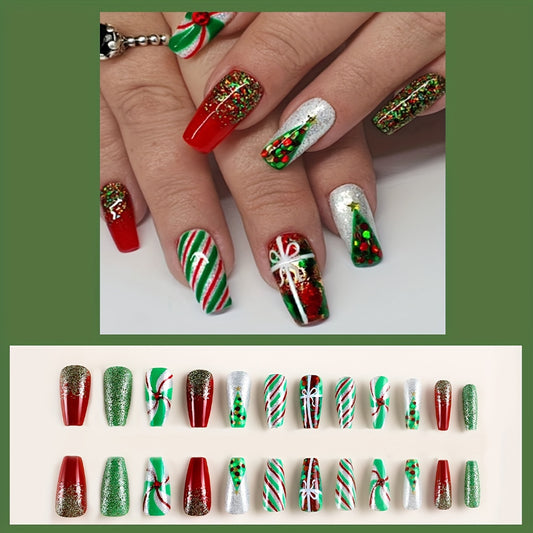 24pcs Sparkling Christmas Press-On Nails Set - Red & Green Striped, Medium Ballet Shape With Glitter Accents, Includes Jelly Adhesive & Nail File