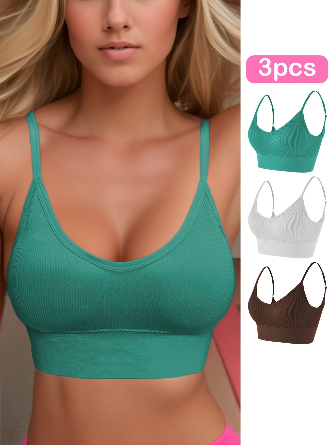 3pcs Solid Ribbed Sports Bra, Comfy & Breathable Fitness Workout Intimates Bra, Women's Lingerie & Underwear