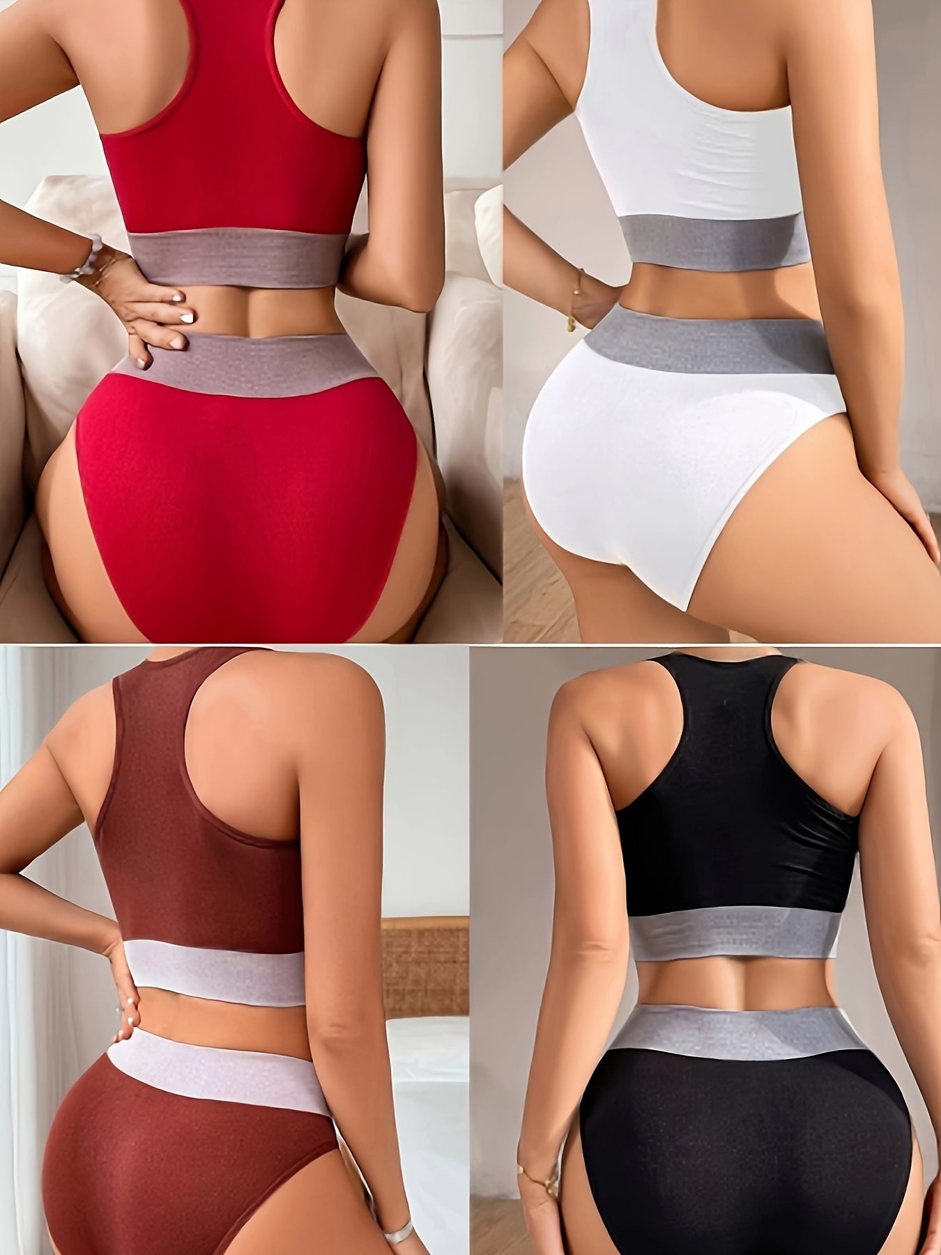 4 Sets Sporty Chic Color Block Seamless Racer Back Tank Bra & Panties Set - Ultra-Comfortable, Breathable, Sweat-Wicking, Quick-Drying - Women's Lingerie & Underwear for Fitness, Yoga, and Everyday Wear