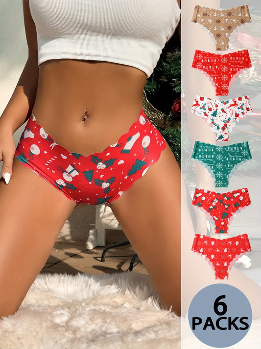 6pcs Christmas Print Briefs, Comfy & Breathable Scallop Trim Panties, Women's Lingerie & Underwear