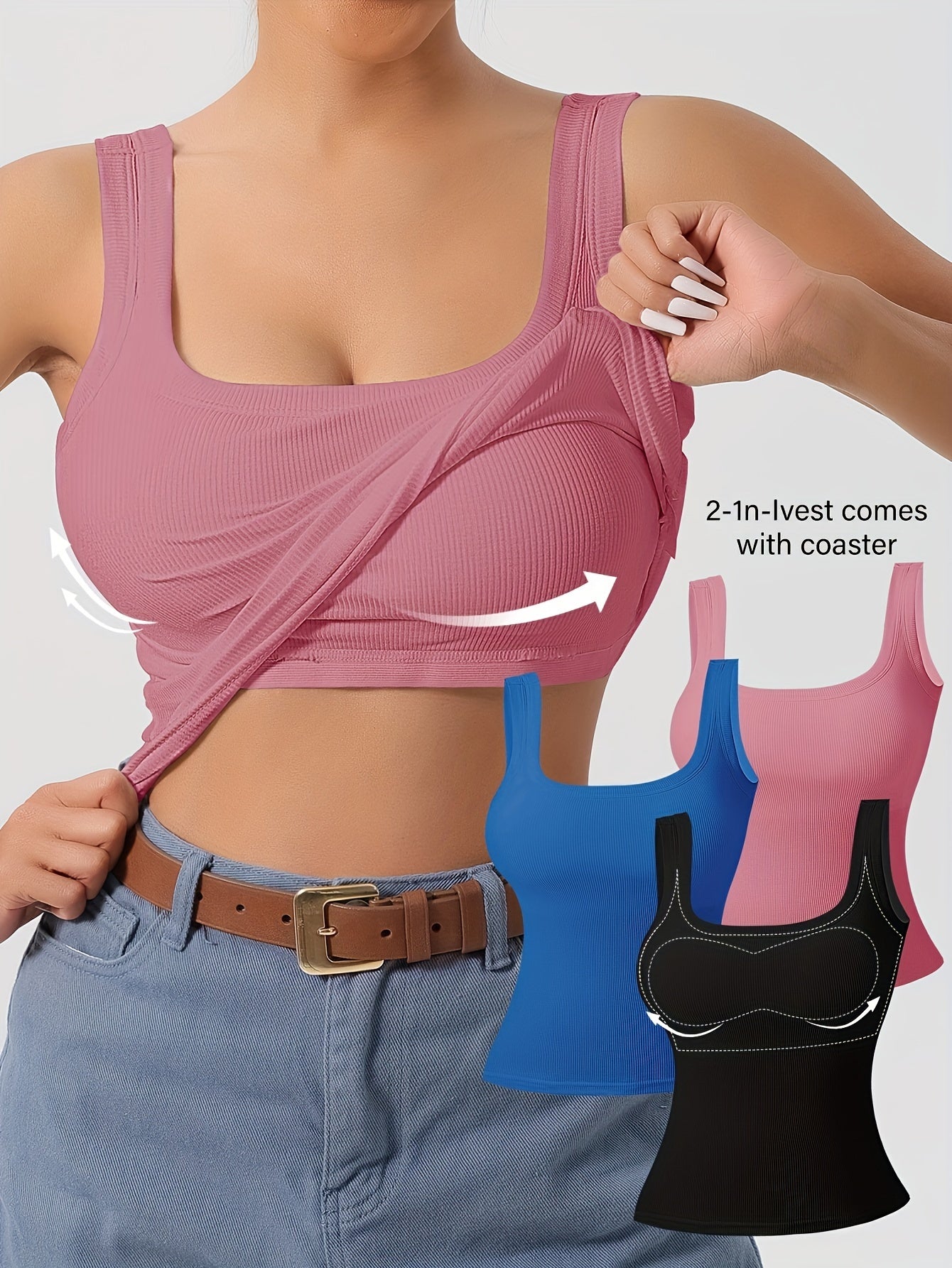 3Pcs U-Back Tank Tops Vest Set - Comfortable Removable Pads, Slim Fit, Solid Color, Versatile Inner & Outerwear for Women, Casual Camisole Style with Multi-Occasion Wear Options