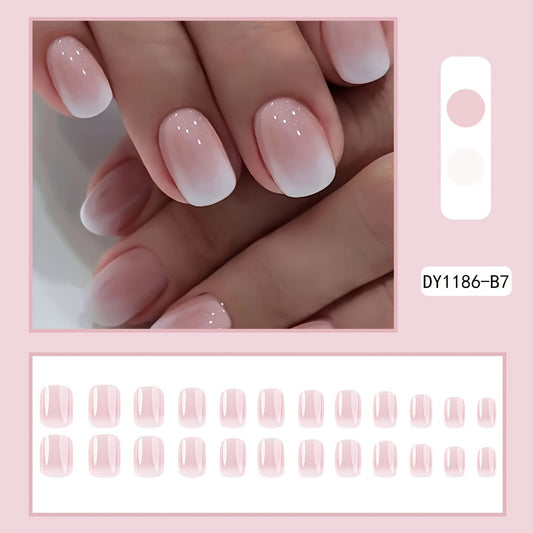 24 Pcs Gradient French Tips Press-On Nails, Glossy Short Squoval Acrylic Artificial Nails, Pink And White Reusable Fake Nails Set With Adhesive Tabs