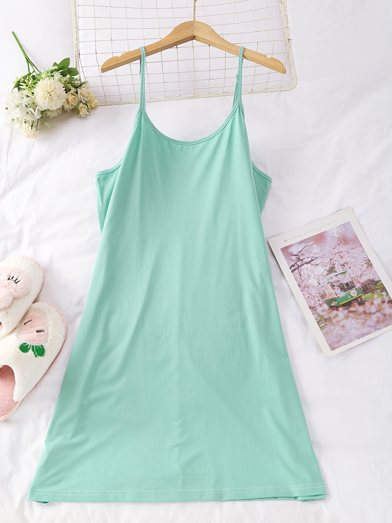 3pcs Simple Solid Nightdress, Crew Neck Spaghetti Strap Sleep Dress, Women's Sleepwear & Dresses