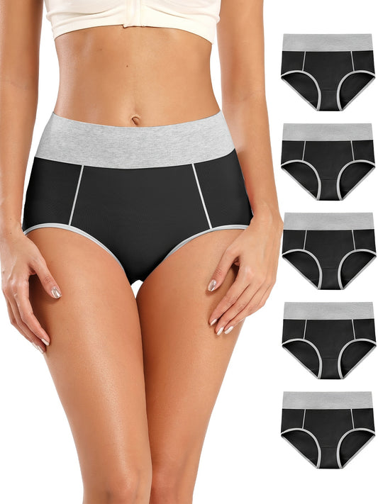 5 pack five piece Women's Plus Size Sporty High Waisted Soft & Comfy Briefs Set with Contrast Trim