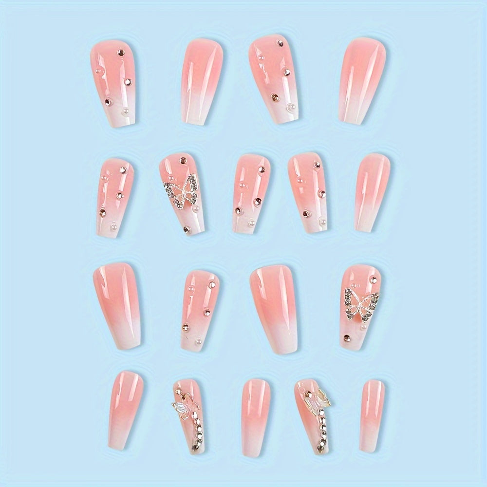 24 Pcs Glossy Medium Long Coffin Press On Nails - Pinkish Gradient False Nails With Butterfly Rhinestone Decor - Reusable Fake Nails For Women