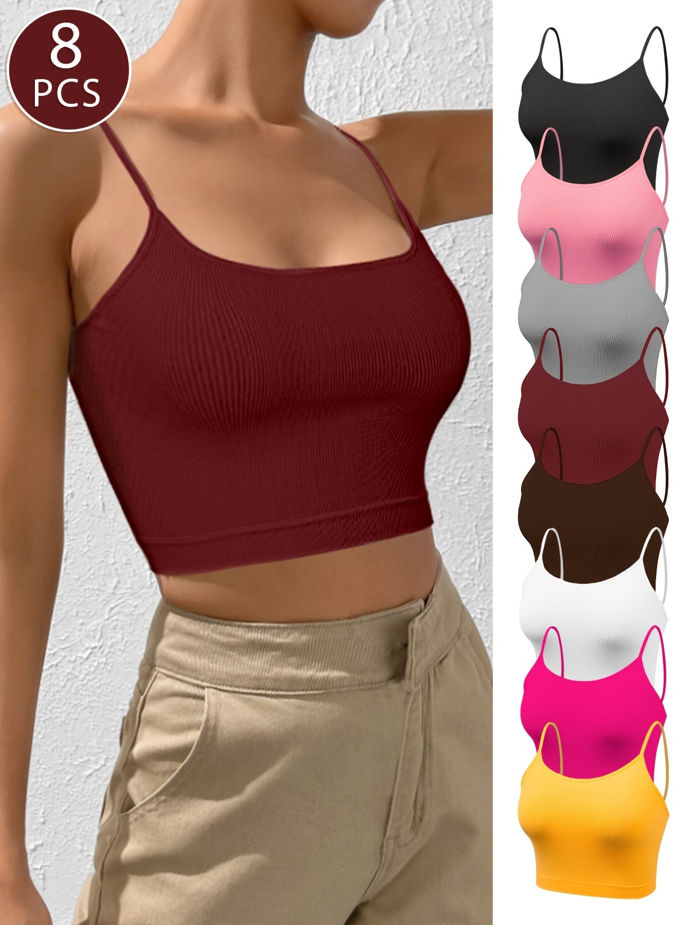 8-Pack Elegant Knit Fabric Camisole Tops for Women - Polyamide & Elastane Blend, Solid Color, No Padding, Breathable, Side Stripe Detail, Stretchable Tanks