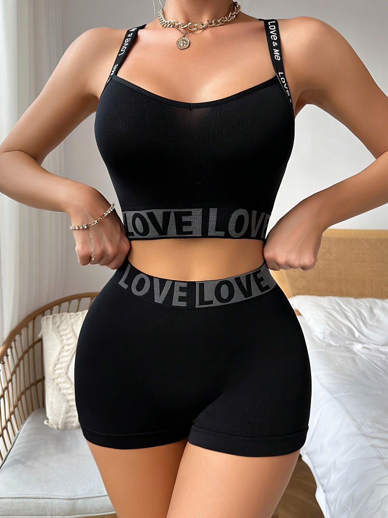 3-Piece Sexy Love Letter Set: Women's High-Waisted Shorts and Bralette with No-Cut Design, Perfect for Summer and Fall