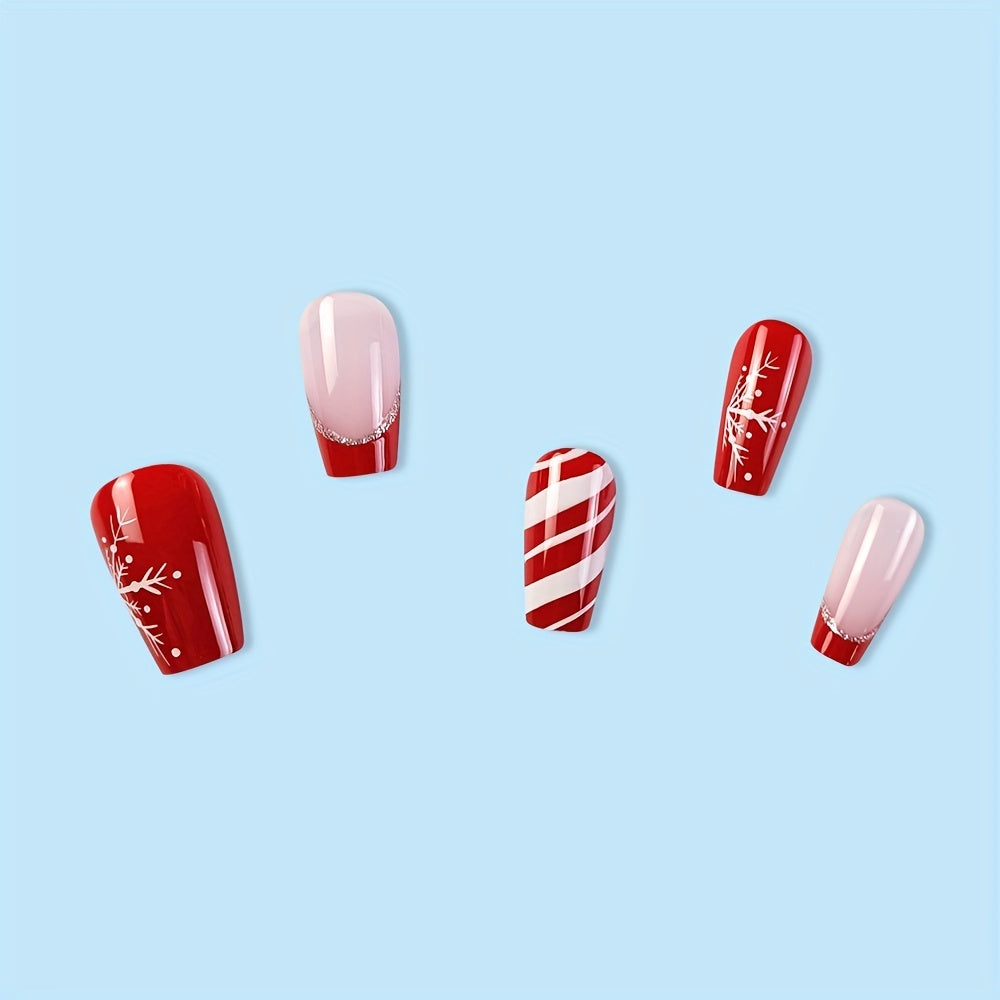 24pcs Glossy Short Ballet Fake Nails, Christmas Red Press On Nails With White Snowflake Stripe Design, French False Nails For Women Girls