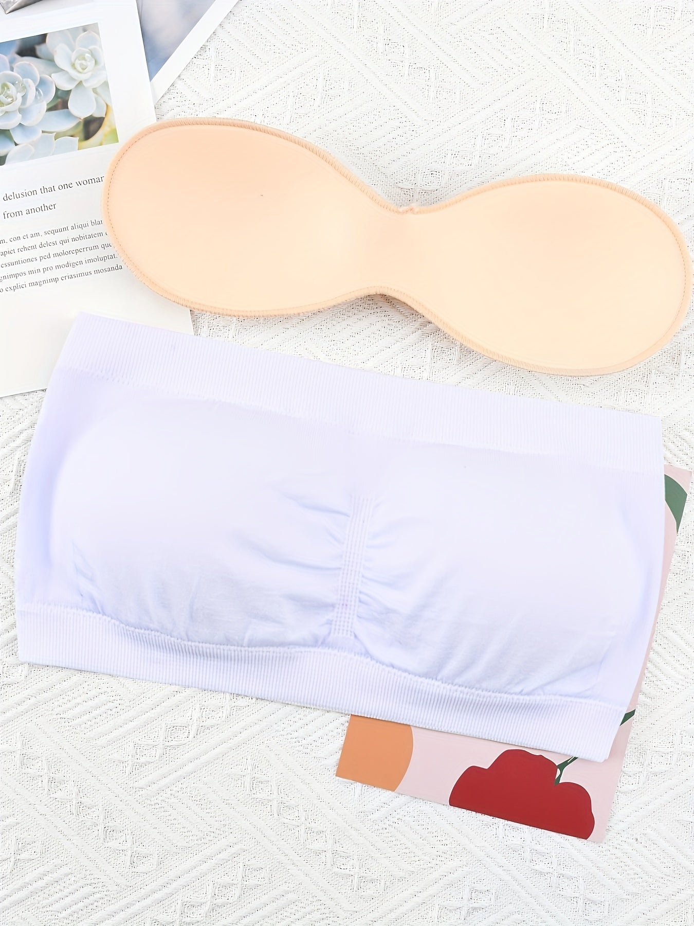 3pcs Plus Size Simple Wireless Bandeau Bra - Soft High Stretch Nylon Fabric, Removable Pads, Collarless, Non-Slip Double Layer, Hand Washable, Comfortable Lash Sets for Women