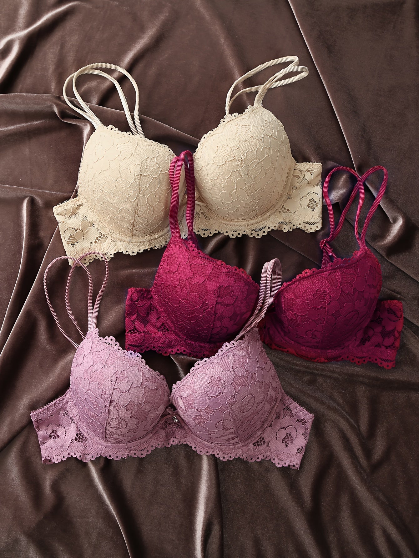 3pcs Comfy Chic Lace Push Up Bras - Everyday Bras with Breathable Fabric, Soft Padded Cups, and Adjustable Straps for Ultimate Comfort and Support - Women's Lingerie and Underwear Essentials